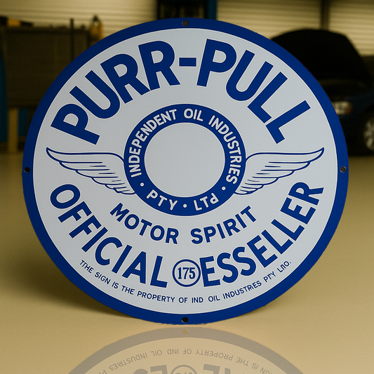PURR - PULL Motor Spirit - Vintage Blue & White Metal Tabela