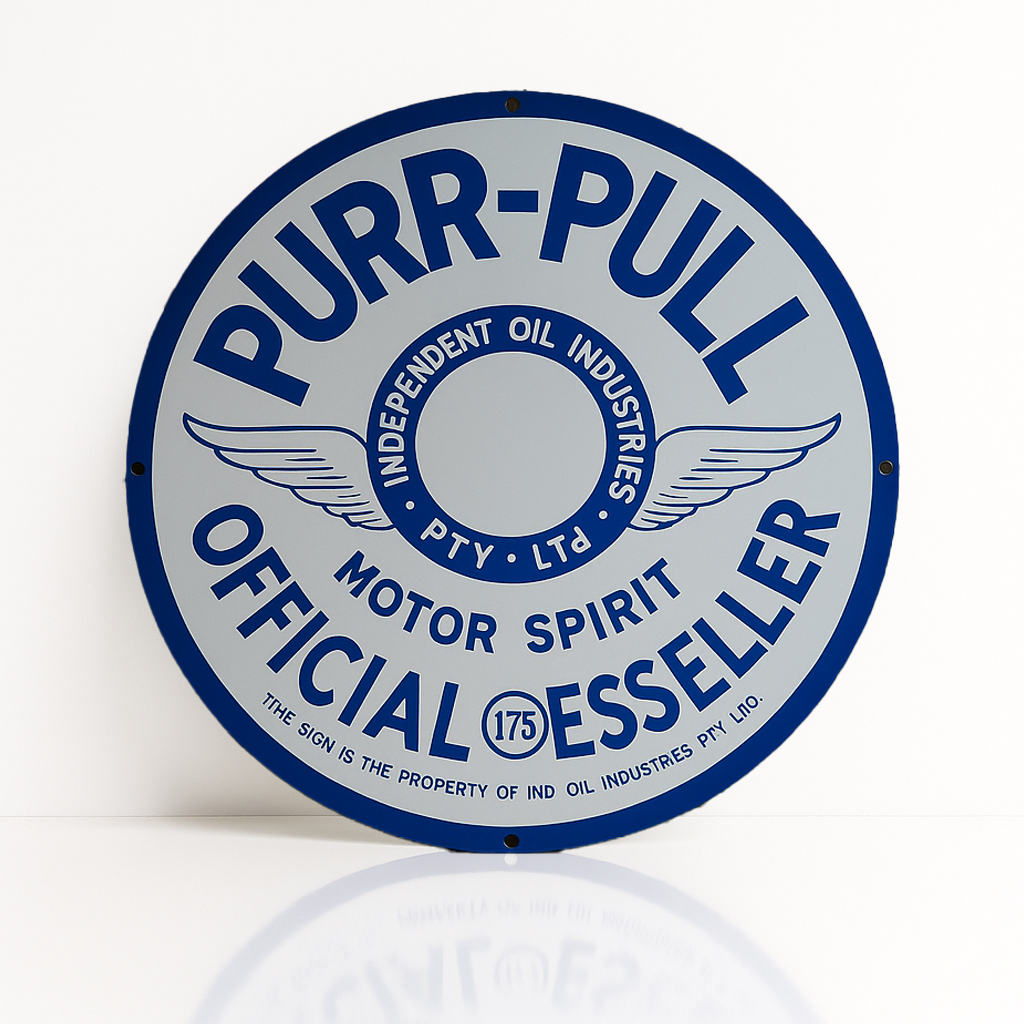 PURR - PULL Motor Spirit - Vintage Blue & White Metal Tabela
