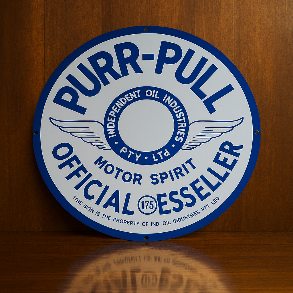 PURR - PULL Motor Spirit - Vintage Blue & White Metal Tabela