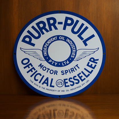 PURR - PULL Motor Spirit - Vintage Blue & White Metal Tabela