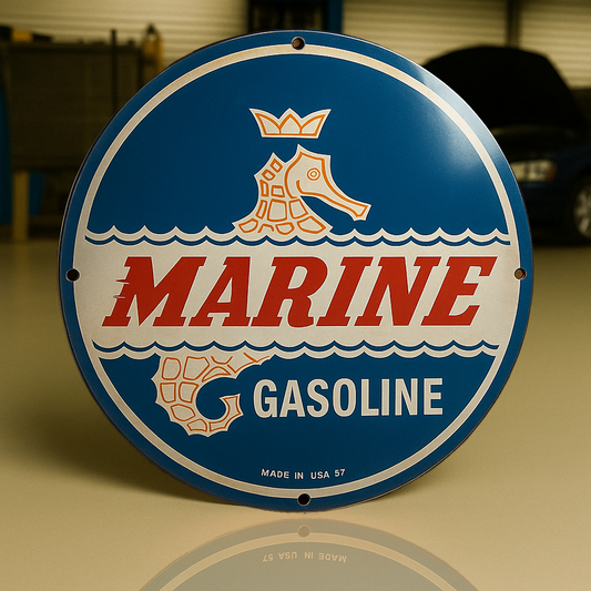 Marine Gasoline - Crowned Seahorse Design Metal Tabela