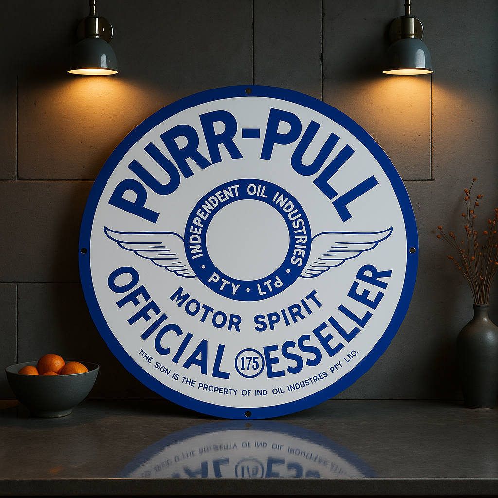 PURR - PULL Motor Spirit - Vintage Blue & White Metal Tabela