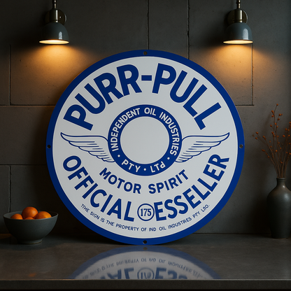 PURR - PULL Motor Spirit - Vintage Blue & White Metal Tabela