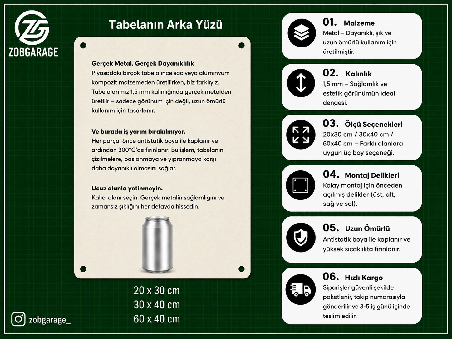 Metal tabelanın arka yüzü ve üretim özellikleri