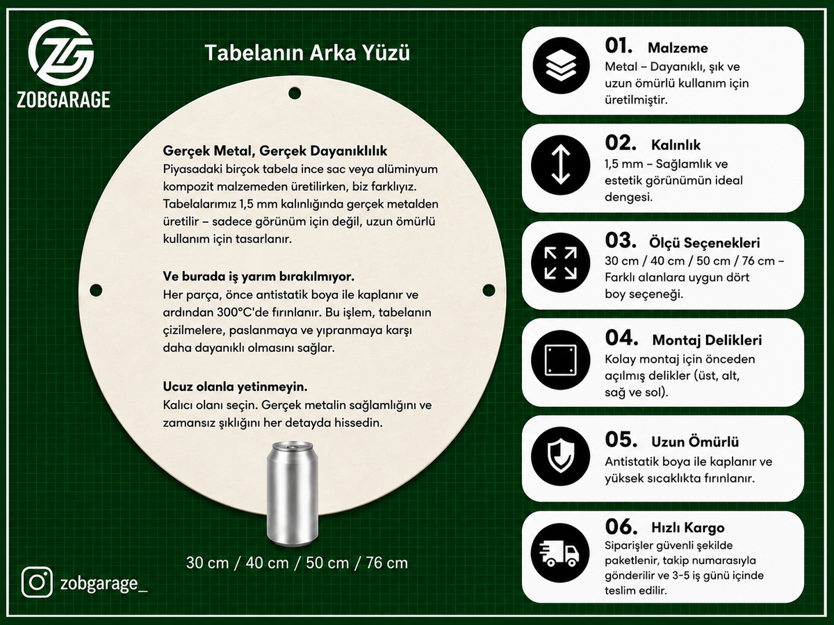 Metal tabelanın arka yüzü ve üretim özellikleri